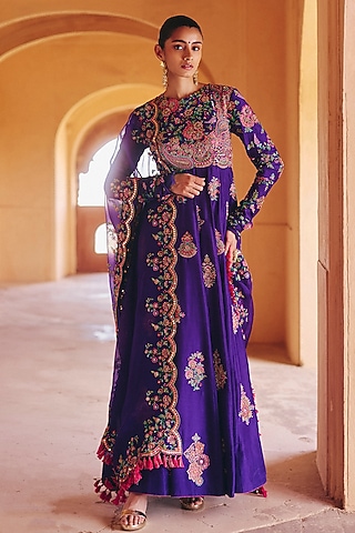 Purple Silk Zardosi Embroidered Anarkali Set by Mrunalini Rao