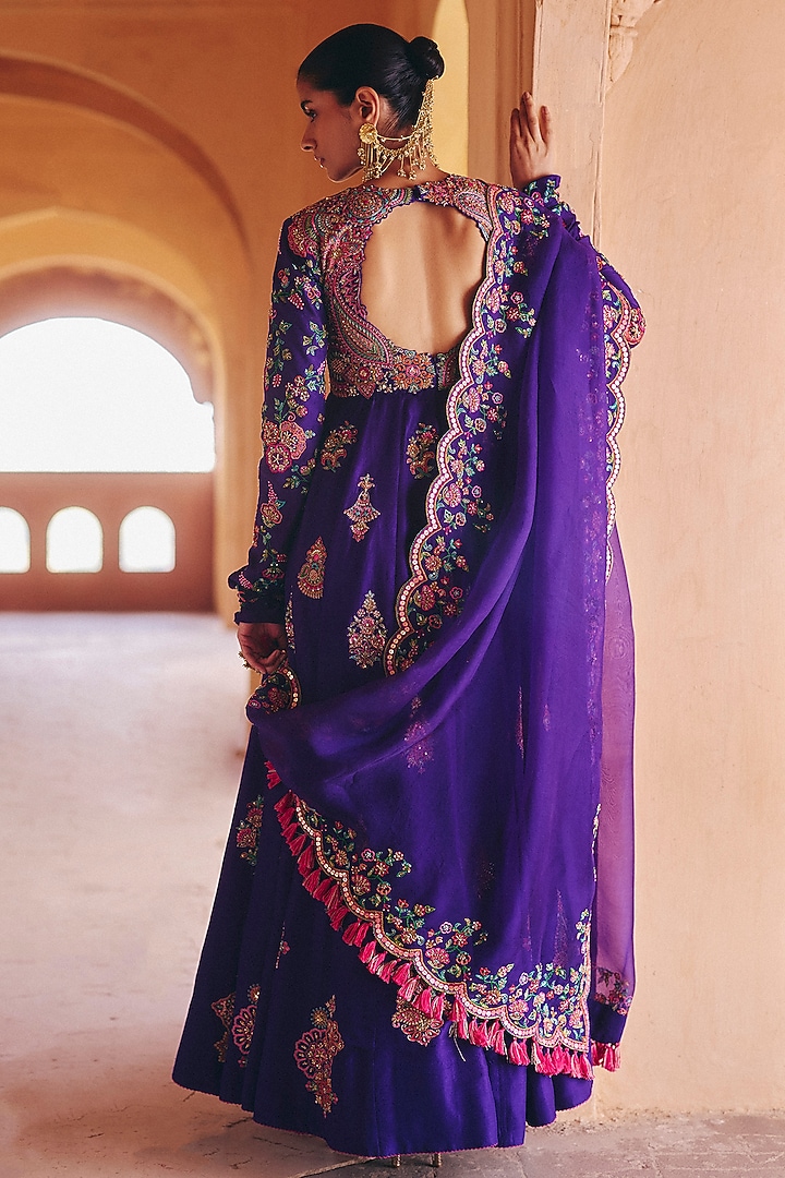 Purple Silk Zardosi Embroidered Anarkali Set by Mrunalini Rao at Pernia's Pop Up Shop