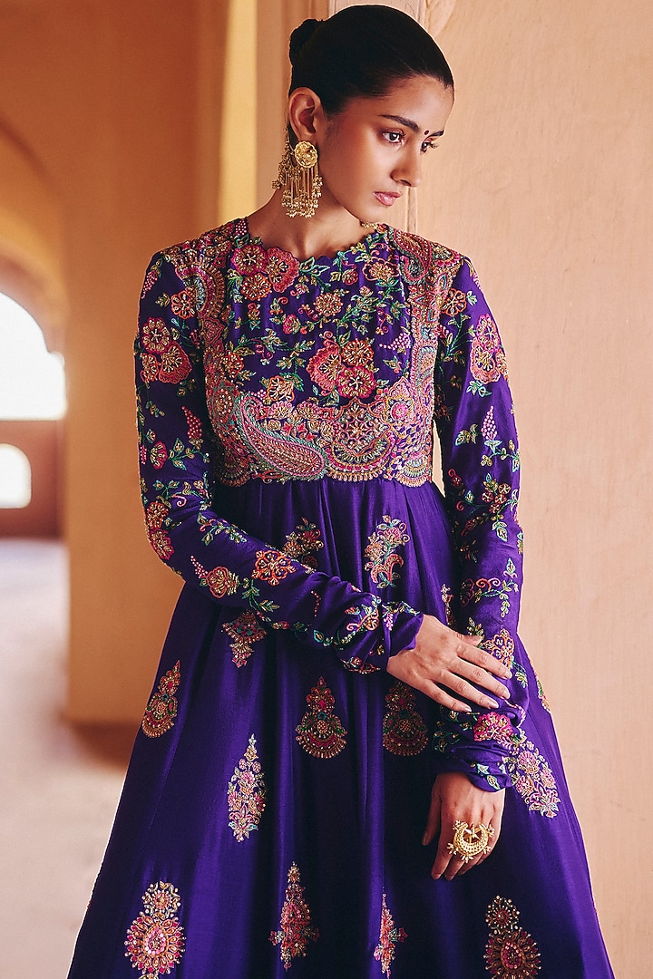 Purple Silk Zardosi Embroidered Anarkali Set by Mrunalini Rao at Pernia's Pop Up Shop