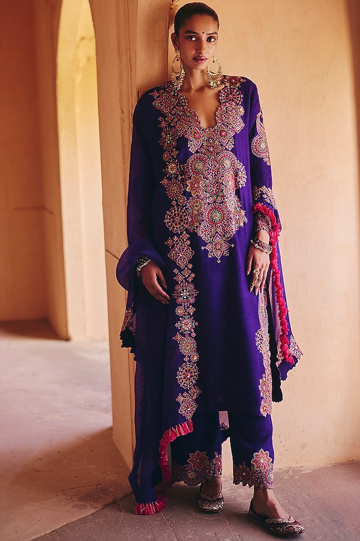 Purple Silk Zardosi Embroidered Kurta Set by Mrunalini Rao at Pernia's Pop Up Shop