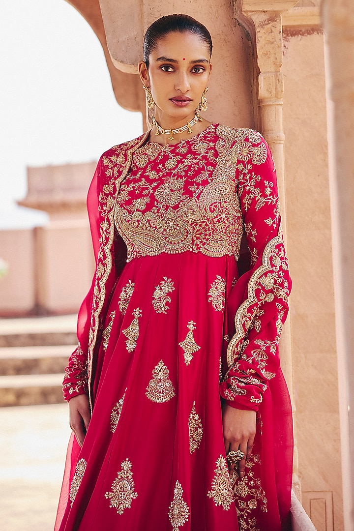 Red Silk Zardosi Embroidered Bridal Anarkali Set by Mrunalini Rao at Pernia's Pop Up Shop