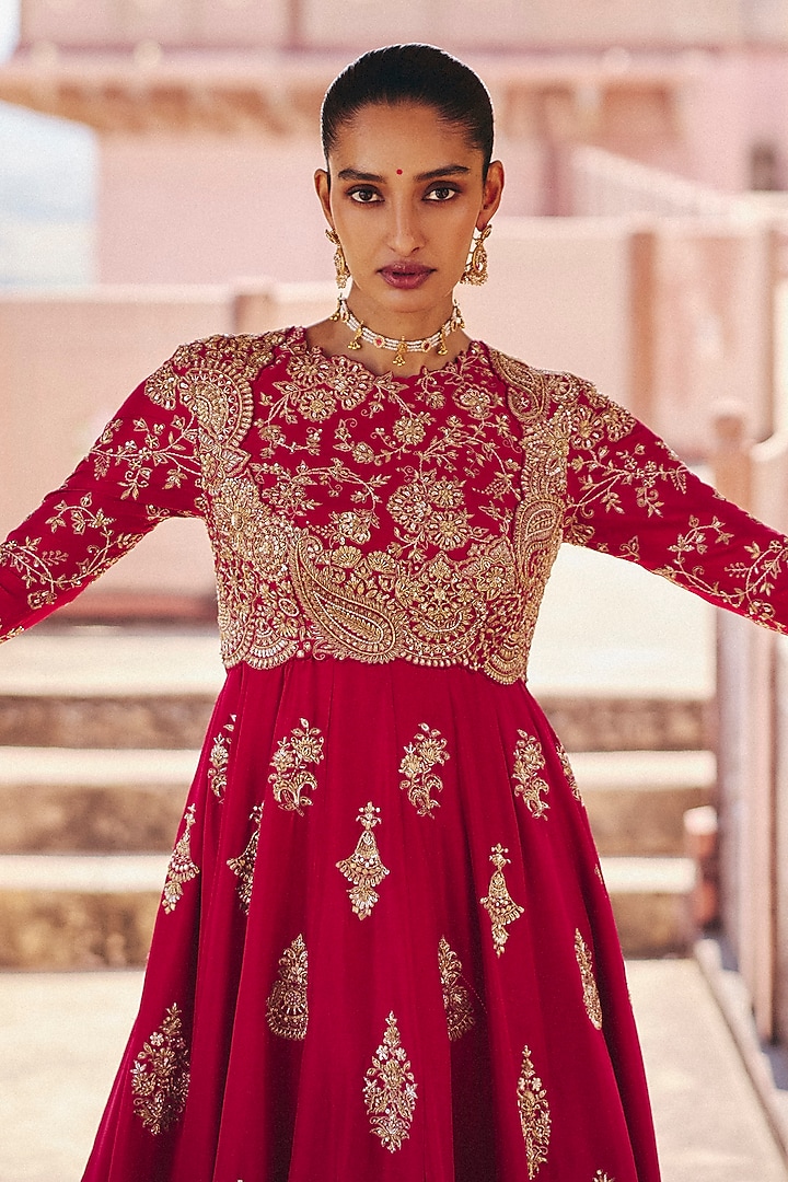 Red Silk Zardosi Embroidered Bridal Anarkali Set by Mrunalini Rao at Pernia's Pop Up Shop