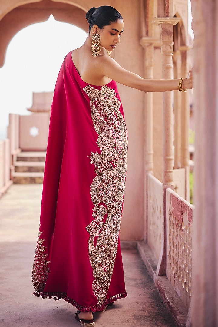 Red Silk Zardosi Embroidered One-Shoulder Kaftan by Mrunalini Rao at Pernia's Pop Up Shop