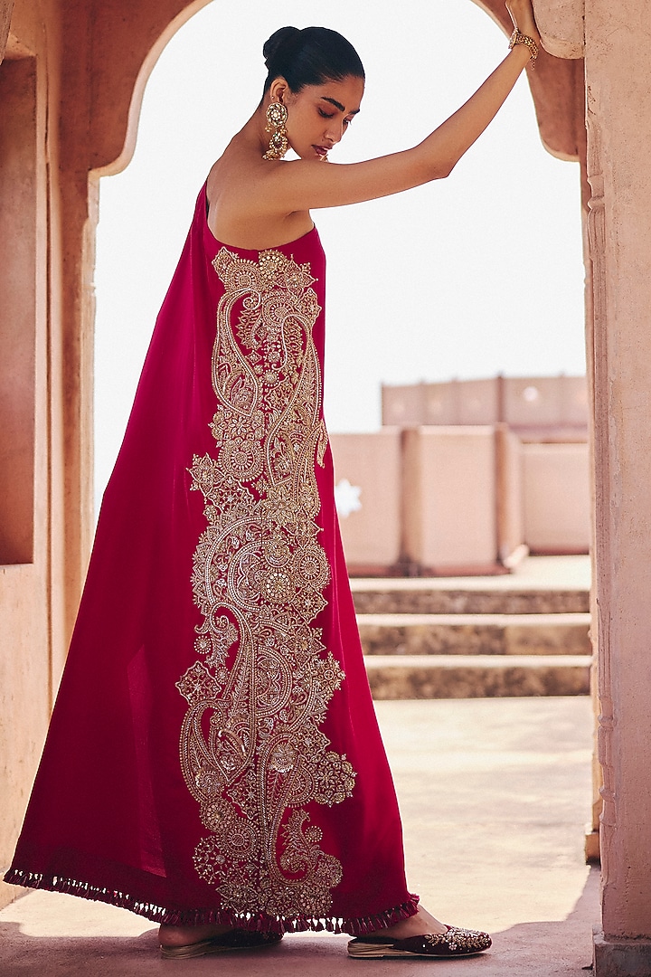 Red Silk Zardosi Embroidered One-Shoulder Kaftan by Mrunalini Rao at Pernia's Pop Up Shop