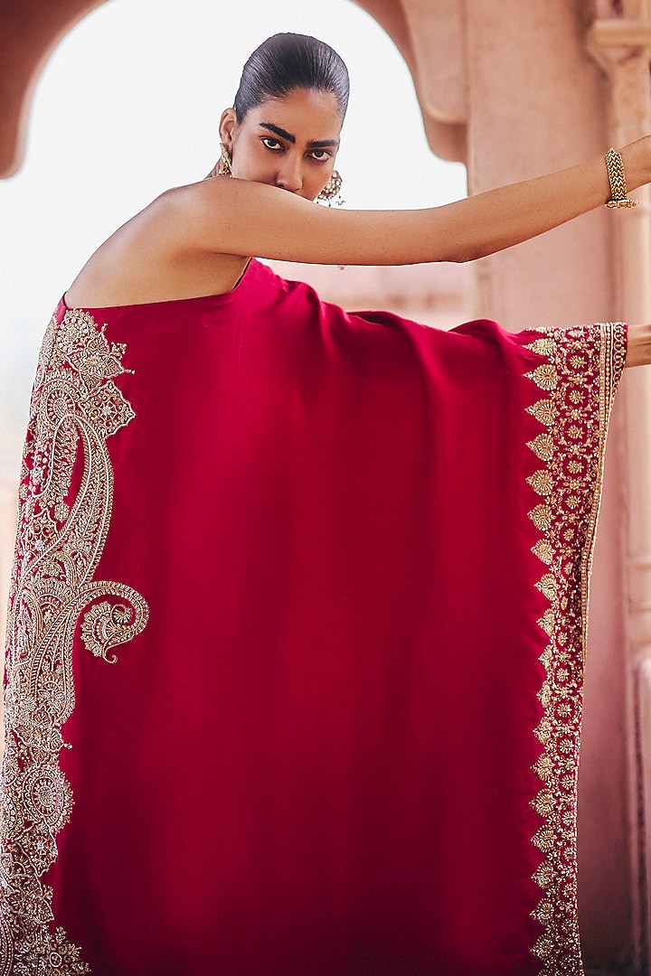 Red Silk Zardosi Embroidered One-Shoulder Kaftan by Mrunalini Rao at Pernia's Pop Up Shop