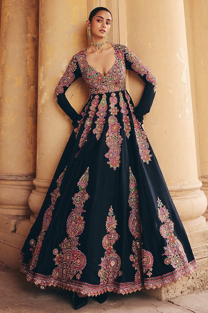 Black Silk Zardosi Embroidered Bridal Anarkali Set by Mrunalini Rao at Pernia's Pop Up Shop