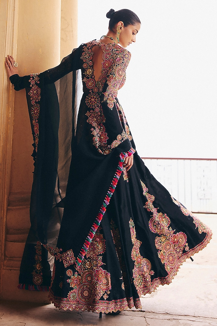 Black Silk Zardosi Embroidered Bridal Anarkali Set by Mrunalini Rao at Pernia's Pop Up Shop