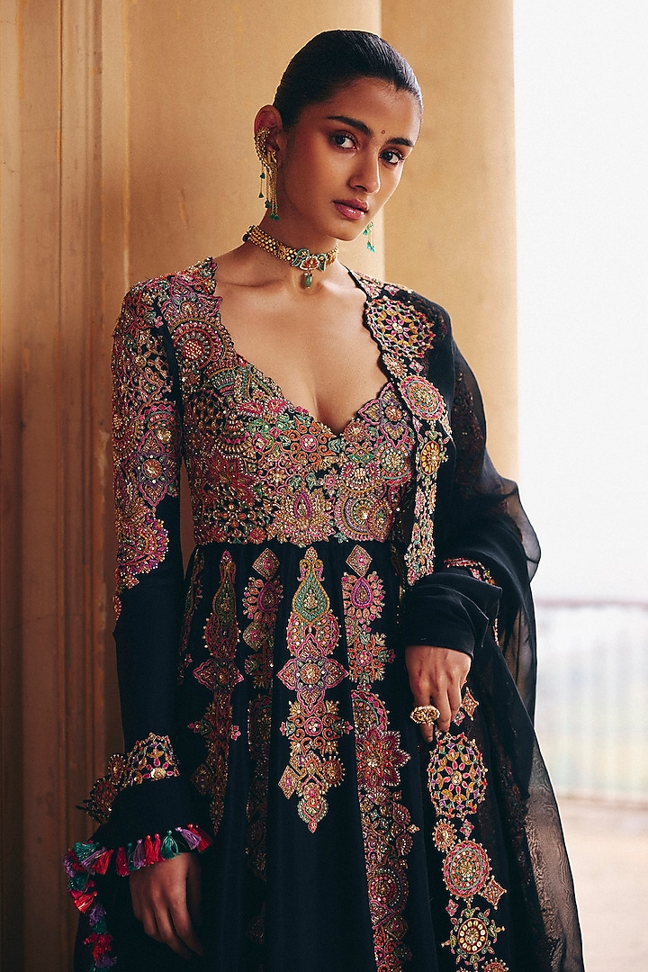 Black Silk Zardosi Embroidered Bridal Anarkali Set by Mrunalini Rao at Pernia's Pop Up Shop