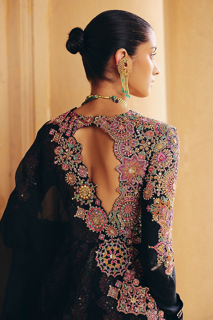 Black Silk Zardosi Embroidered Bridal Anarkali Set by Mrunalini Rao at Pernia's Pop Up Shop