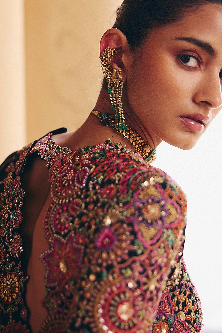 Black Silk Zardosi Embroidered Bridal Anarkali Set by Mrunalini Rao at Pernia's Pop Up Shop