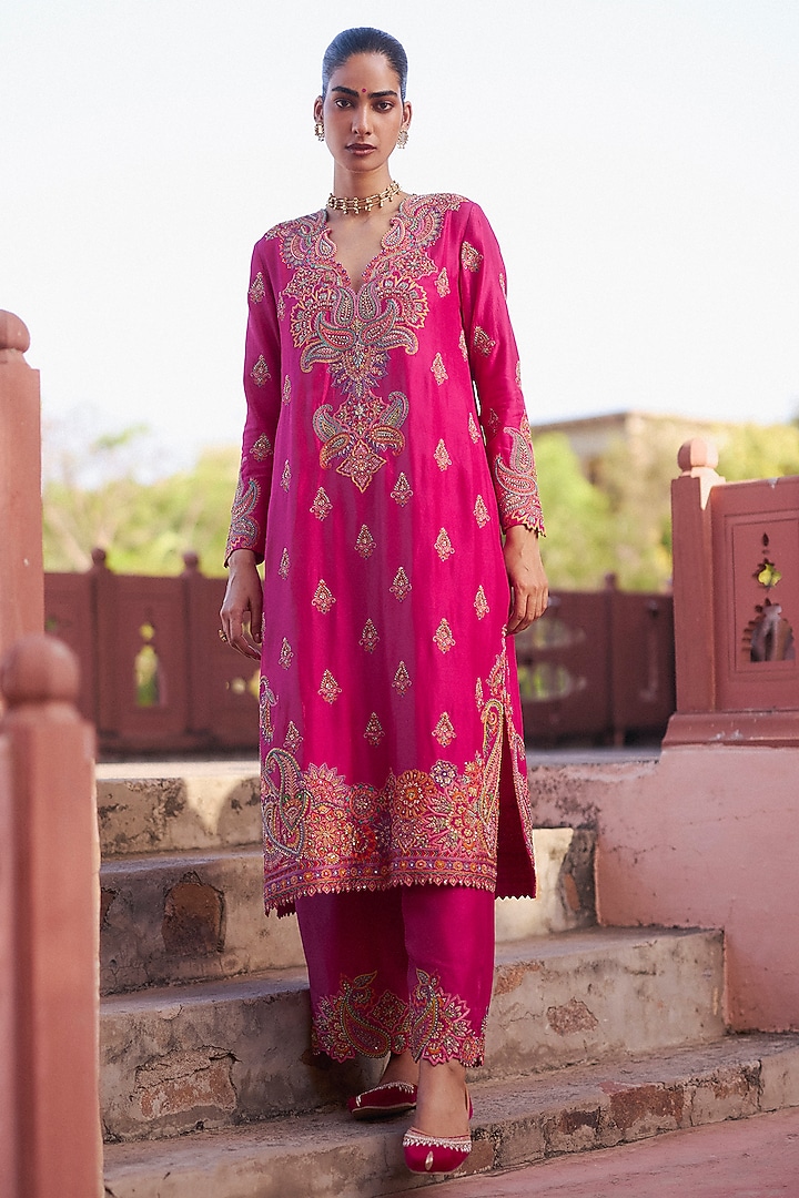 Fuschia Pink Silk Zardosi Embroidered Kurta Set by Mrunalini Rao at Pernia's Pop Up Shop