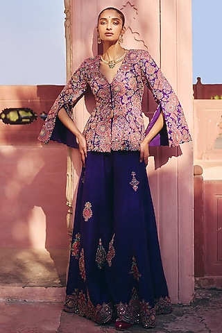 Purple Raw Silk Zardosi Embroidered Jacket Set by Mrunalini Rao