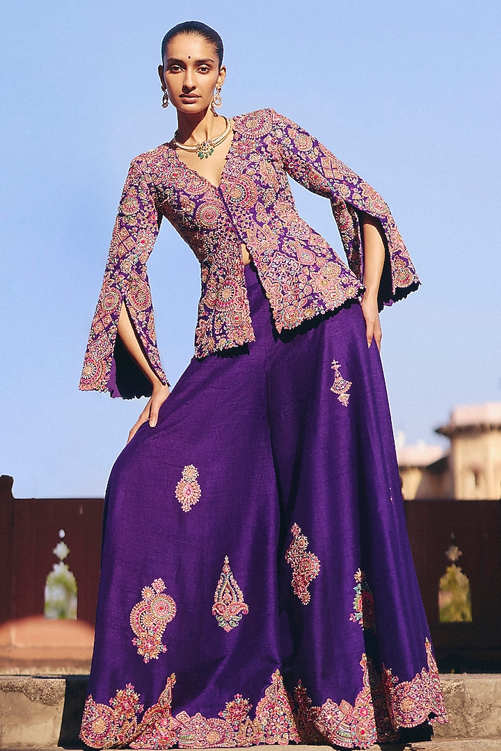 Purple Raw Silk Zardosi Embroidered Jacket Set by Mrunalini Rao at Pernia's Pop Up Shop