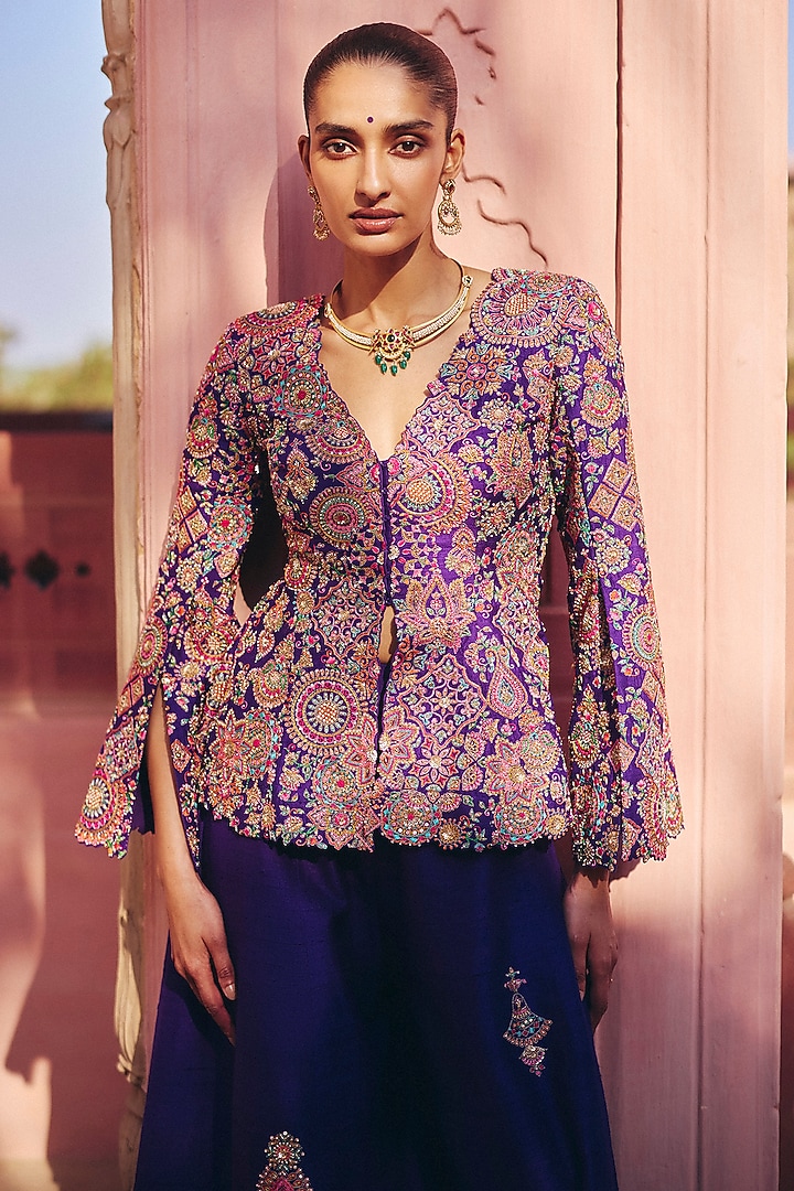 Purple Raw Silk Zardosi Embroidered Jacket Set by Mrunalini Rao at Pernia's Pop Up Shop