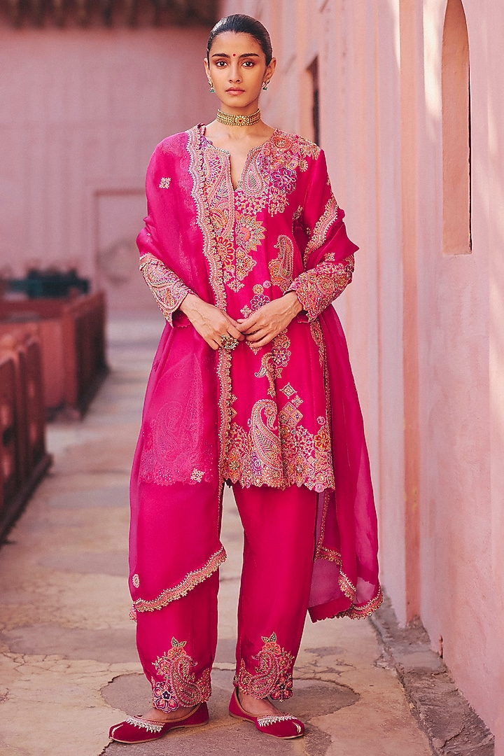Fuchsia Pink Silk Zardosi Embroidered Kalidar Kurta Set by Mrunalini Rao at Pernia's Pop Up Shop