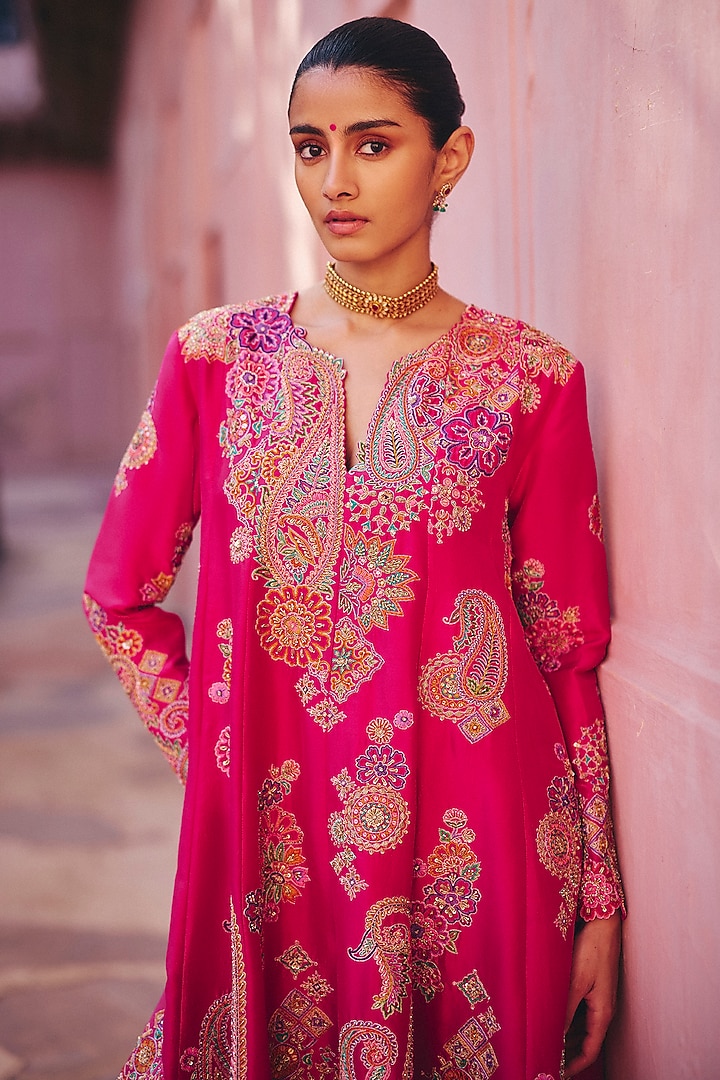 Fuchsia Pink Silk Zardosi Embroidered Kalidar Kurta Set by Mrunalini Rao at Pernia's Pop Up Shop