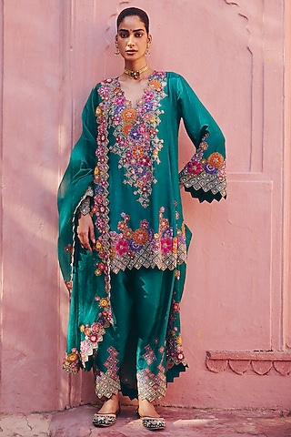 Rama Green Silk Zardosi Embroidered A-line Kurta Set by Mrunalini Rao