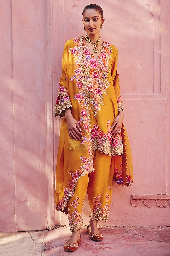 Yellow Silk Zardosi Embroidered A-line Kurta Set by Mrunalini Rao at Pernia's Pop Up Shop