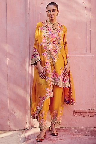 Yellow Silk Zardosi Embroidered A-line Kurta Set by Mrunalini Rao