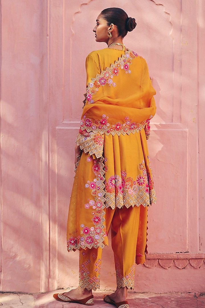 Yellow Silk Zardosi Embroidered A-line Kurta Set by Mrunalini Rao at Pernia's Pop Up Shop