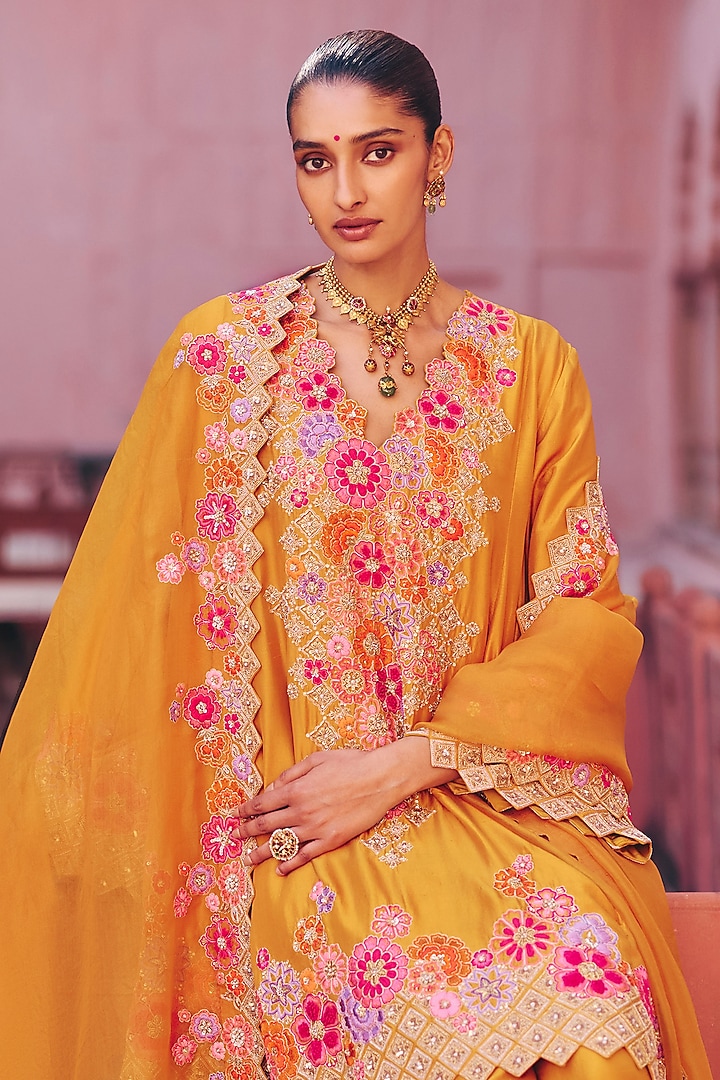 Yellow Silk Zardosi Embroidered A-line Kurta Set by Mrunalini Rao at Pernia's Pop Up Shop