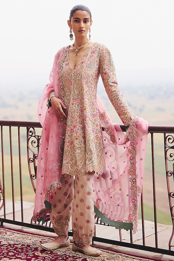 Ivory Silk Zardosi Embroidered Kalidar Kurta Set by Mrunalini Rao at Pernia's Pop Up Shop