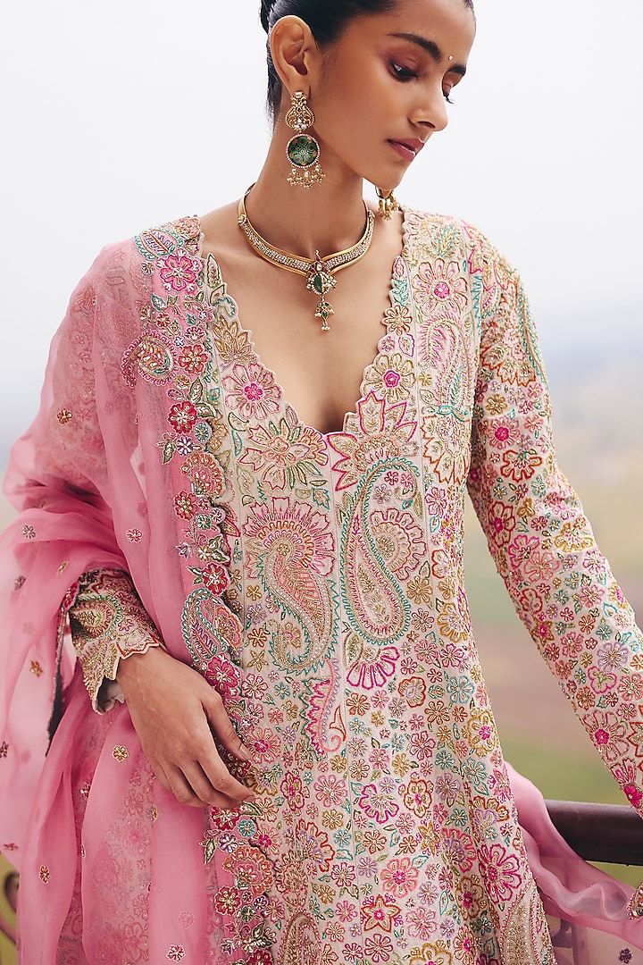 Ivory Silk Zardosi Embroidered Kalidar Kurta Set by Mrunalini Rao at Pernia's Pop Up Shop