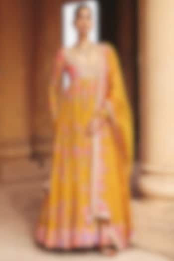 Yellow Chanderi Zardosi Embroidered Kalidar Bridal Anarkali Set by Mrunalini Rao at Pernia's Pop Up Shop