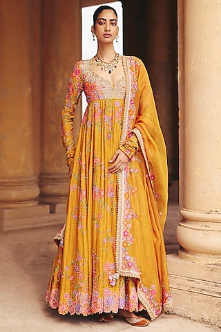Yellow Chanderi Zardosi Embroidered Kalidar Anarkali Set by Mrunalini Rao