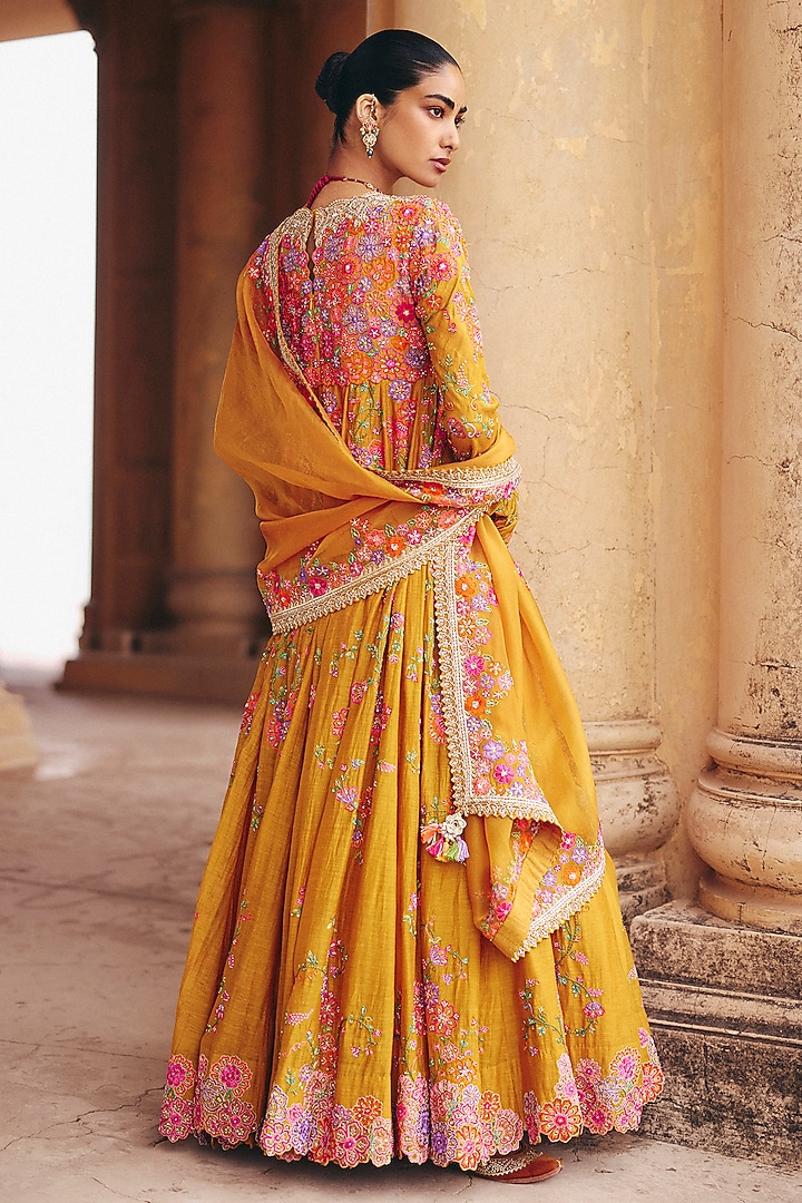 Yellow Chanderi Zardosi Embroidered Kalidar Bridal Anarkali Set by Mrunalini Rao at Pernia's Pop Up Shop