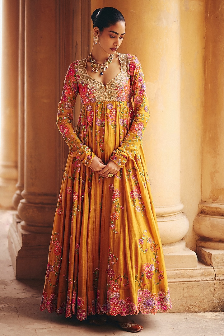 Yellow Chanderi Zardosi Embroidered Kalidar Bridal Anarkali Set by Mrunalini Rao at Pernia's Pop Up Shop