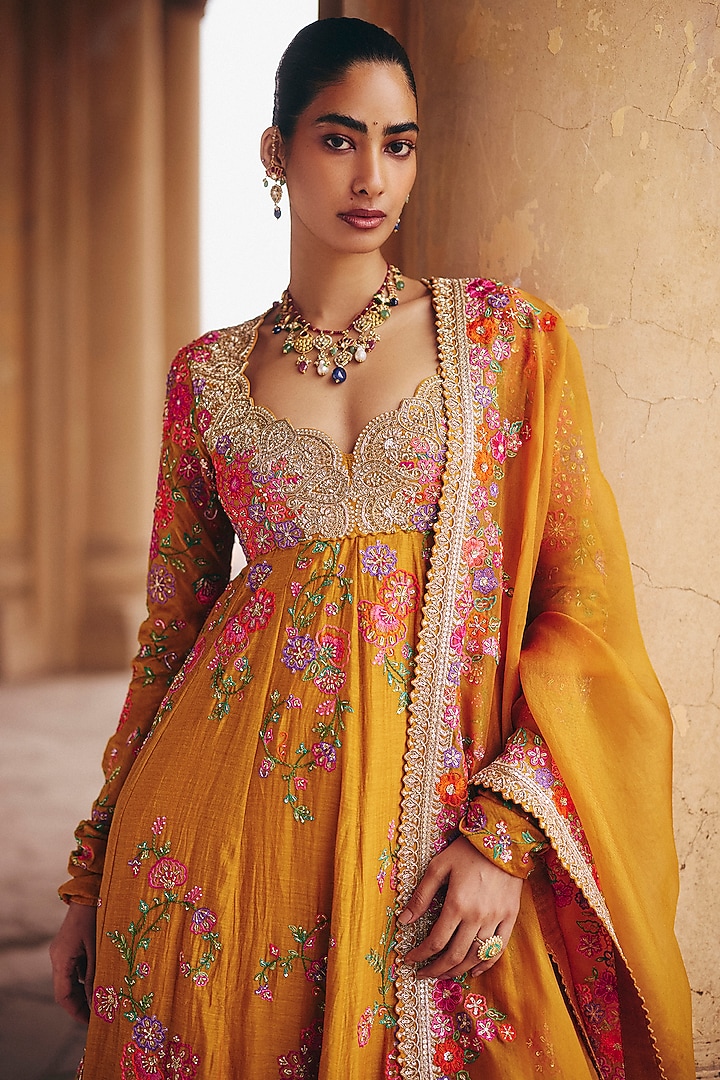 Yellow Chanderi Zardosi Embroidered Kalidar Bridal Anarkali Set by Mrunalini Rao at Pernia's Pop Up Shop
