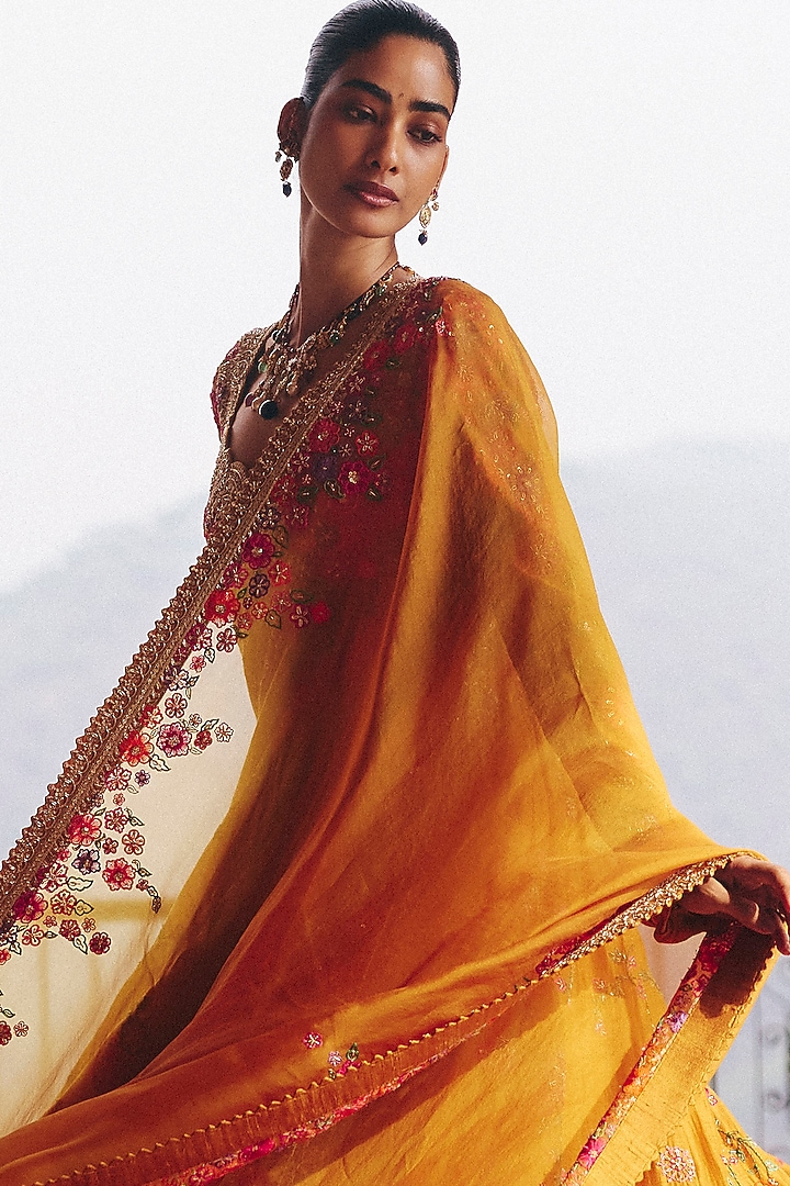 Yellow Chanderi Zardosi Embroidered Kalidar Bridal Anarkali Set by Mrunalini Rao at Pernia's Pop Up Shop