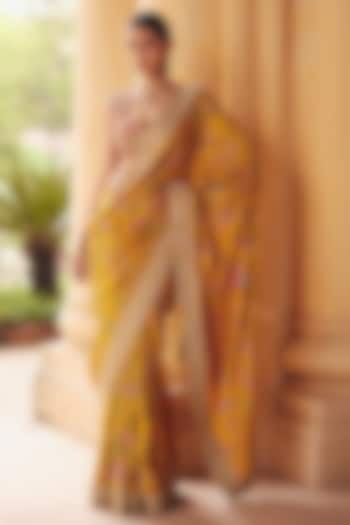 Yellow Raw Silk Zardosi Embroidered Bridal Saree Set by Mrunalini Rao at Pernia's Pop Up Shop