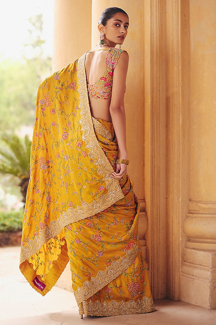 Yellow Raw Silk Zardosi Embroidered Bridal Saree Set by Mrunalini Rao at Pernia's Pop Up Shop