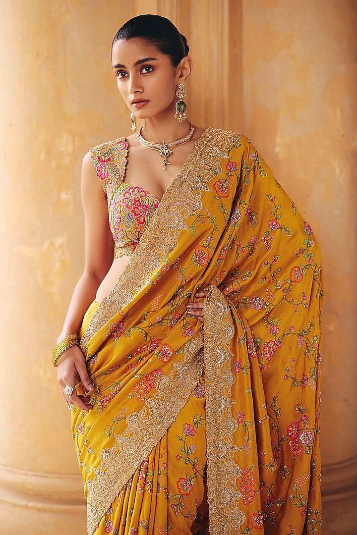 Yellow Raw Silk Zardosi Embroidered Bridal Saree Set by Mrunalini Rao at Pernia's Pop Up Shop