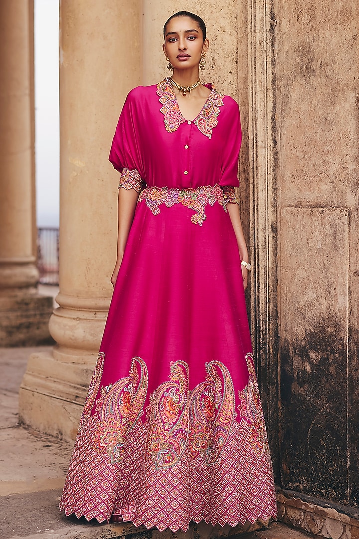 Hot Pink Raw Silk Skirt Set by Mrunalini Rao at Pernia's Pop Up Shop