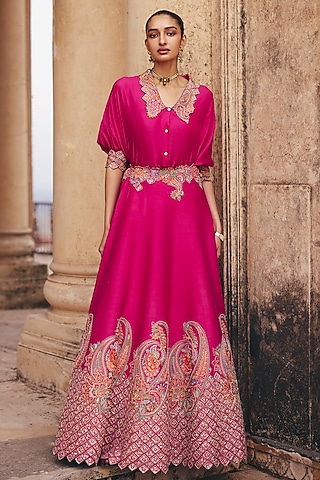 Hot Pink Raw Silk Skirt Set by Mrunalini Rao