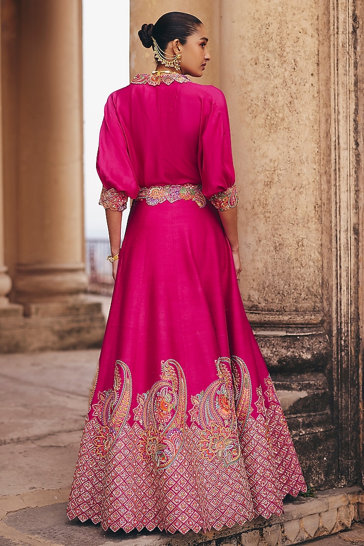 Hot Pink Raw Silk Skirt Set by Mrunalini Rao at Pernia's Pop Up Shop