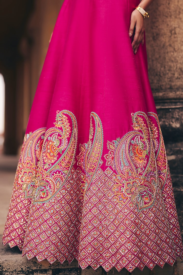 Hot Pink Raw Silk Skirt Set by Mrunalini Rao at Pernia's Pop Up Shop