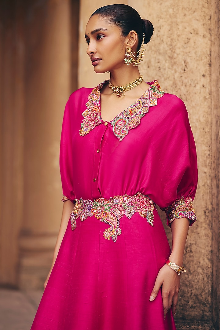 Hot Pink Raw Silk Skirt Set by Mrunalini Rao at Pernia's Pop Up Shop