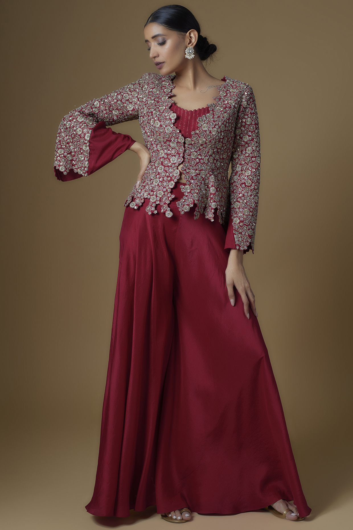 Fuchsia Raw Silk & Organza Embroidered Jacket Set by Mrunalini Rao at Pernia's Pop Up Shop