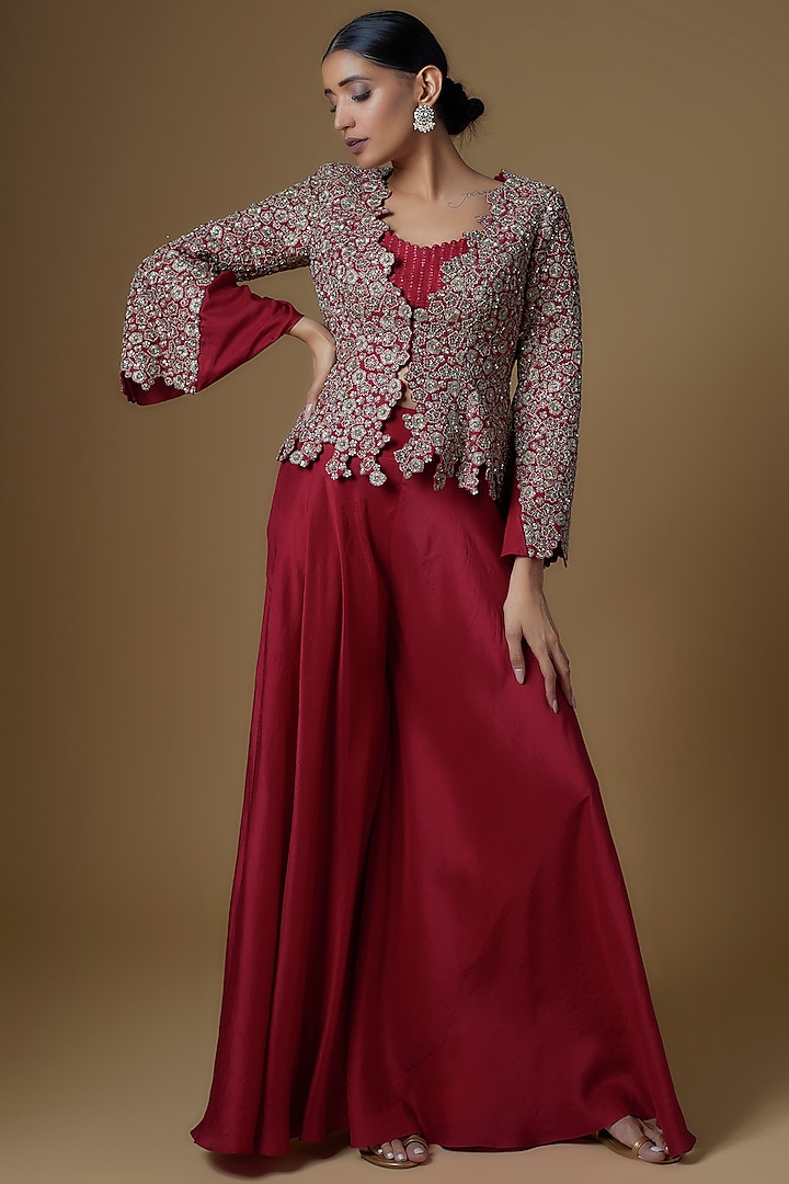 Fuchsia Raw Silk & Organza Embroidered Jacket Set by Mrunalini Rao at Pernia's Pop Up Shop