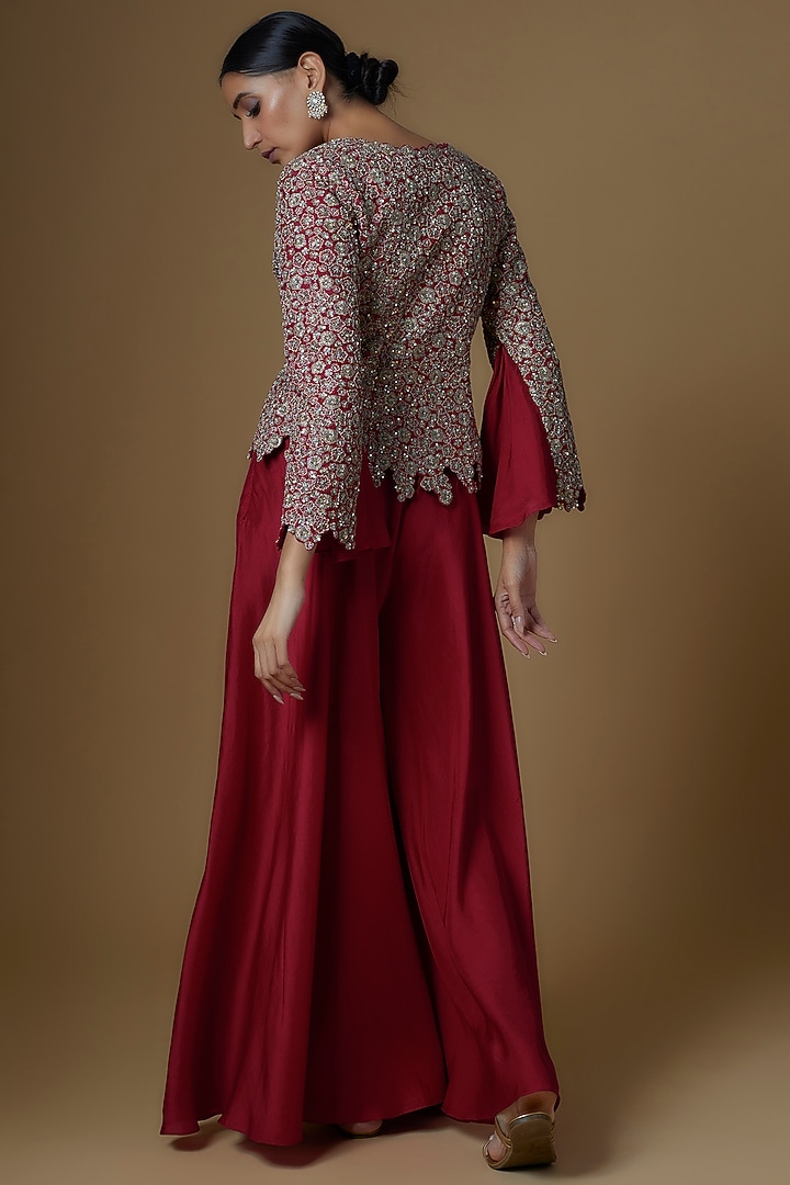 Fuchsia Raw Silk & Organza Embroidered Jacket Set by Mrunalini Rao at Pernia's Pop Up Shop
