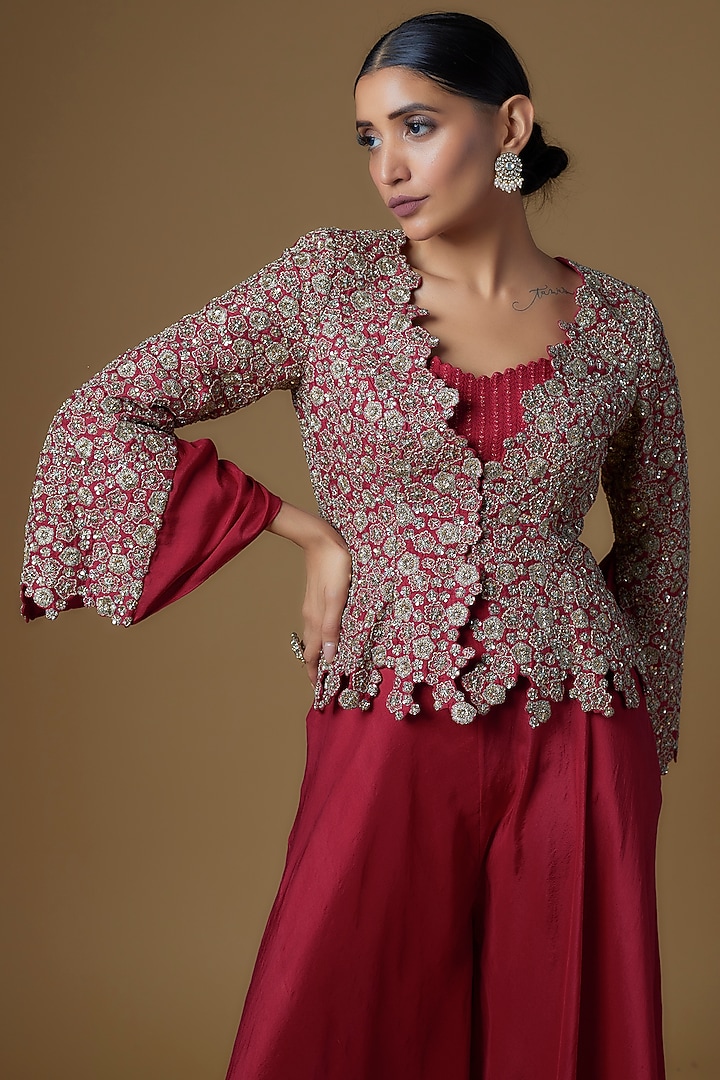 Fuchsia Raw Silk & Organza Embroidered Jacket Set by Mrunalini Rao at Pernia's Pop Up Shop
