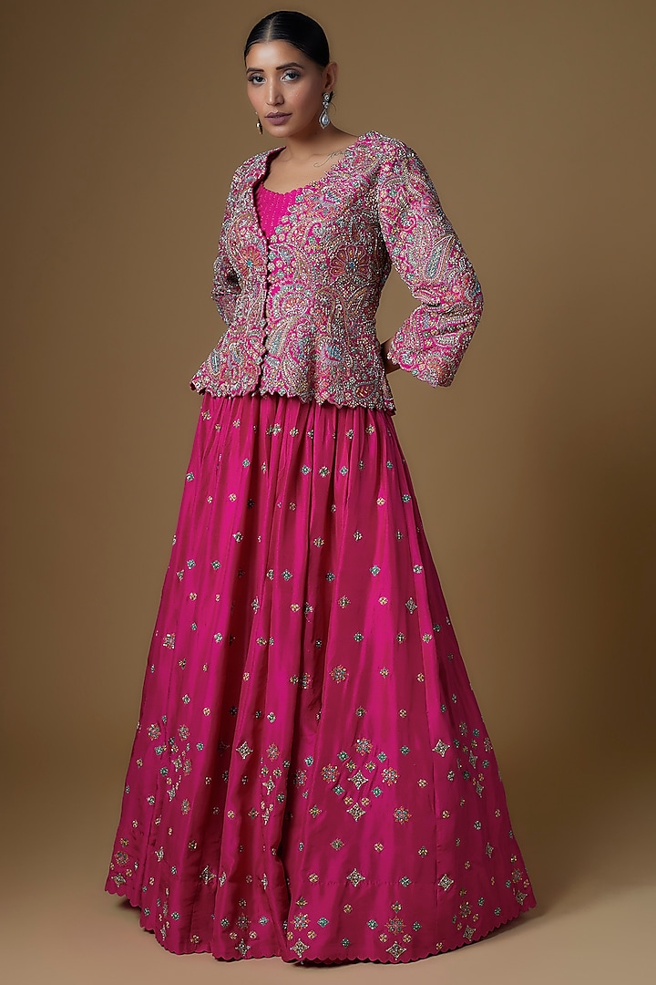 Pink Raw Silk Embroidered Jacket Bridal Lehenga Set by Mrunalini Rao at Pernia's Pop Up Shop