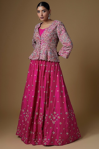 Pink Raw Silk Embroidered Jacket Lehenga Set by Mrunalini Rao