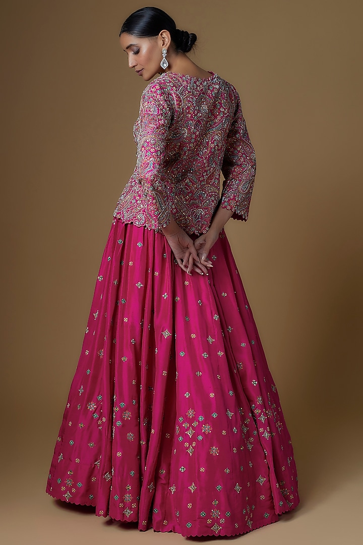 Pink Raw Silk Embroidered Jacket Bridal Lehenga Set by Mrunalini Rao at Pernia's Pop Up Shop