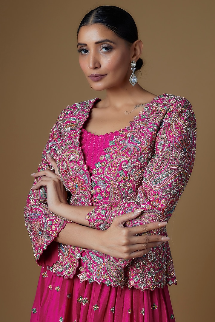 Pink Raw Silk Embroidered Jacket Bridal Lehenga Set by Mrunalini Rao at Pernia's Pop Up Shop