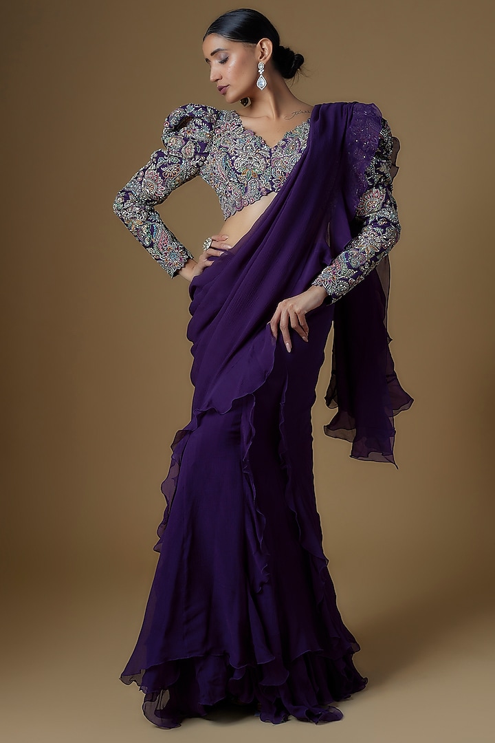 Purple Chiffon Ruffled Saree Set by Mrunalini Rao